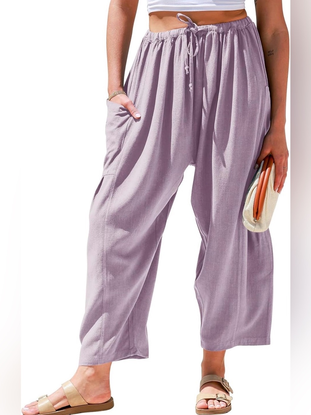 TARSE Barrel Linen Wide Leg Pants Casual Palazzo Harem Pants with Pockets